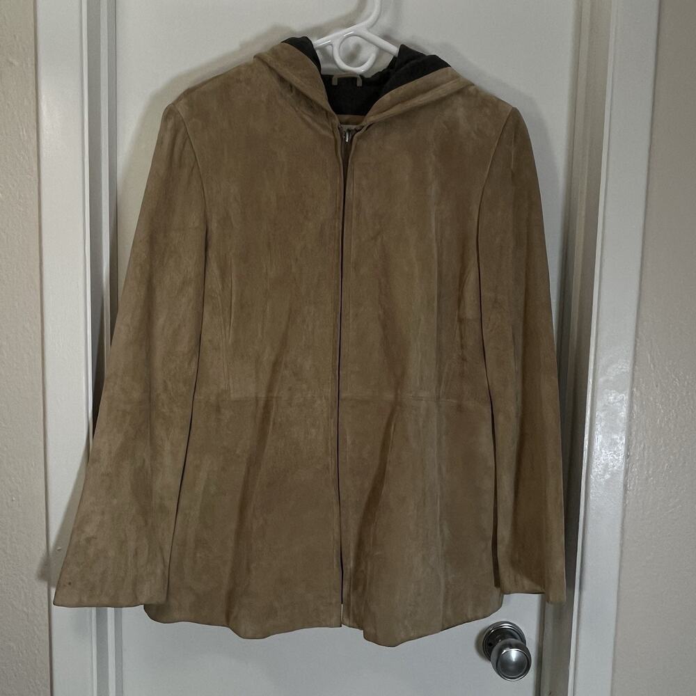 Valerie Stevens Leather Suede Jacket Hood Womens Size M Zip Up Tan Lined